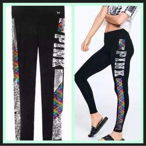 NEW PINK VS RAINBOW BLING REVERSIBLE YOGA LEGGINGS XS